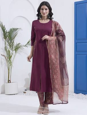 Burgundy patch work cotton stitched a-line kurta set with dupatta for women 1