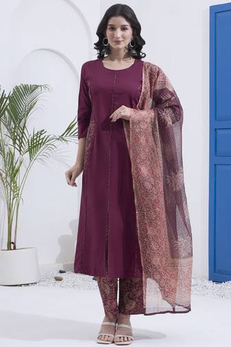 Burgundy patch work cotton stitched a-line kurta set with dupatta for women