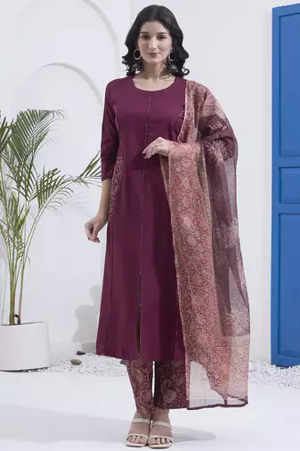 Burgundy patch work cotton stitched a-line kurta set with dupatta for women