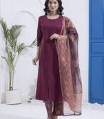 Burgundy patch work cotton stitched a-line kurta set with dupatta for women