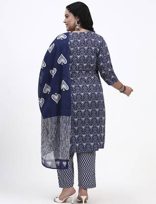 Navy blue floral printed cotton stitched straight kurta set with dupatta for women 3