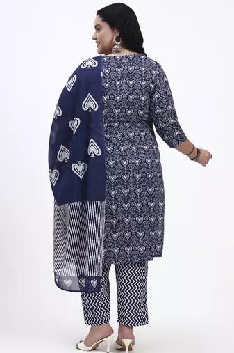 Navy blue floral printed cotton stitched straight kurta set with dupatta for women