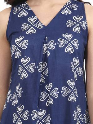 Navy blue floral printed cotton stitched a-line kurta set with dupatta for women 4