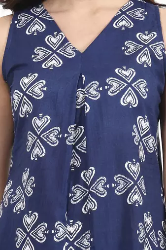 Navy blue floral printed cotton stitched a-line kurta set with dupatta for women
