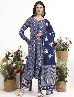 Navy blue floral printed cotton stitched anarkali kurta set with dupatta for women 1