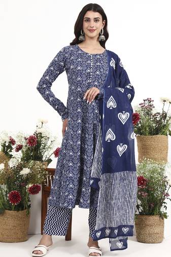 Navy blue floral printed cotton stitched anarkali kurta set with dupatta for women