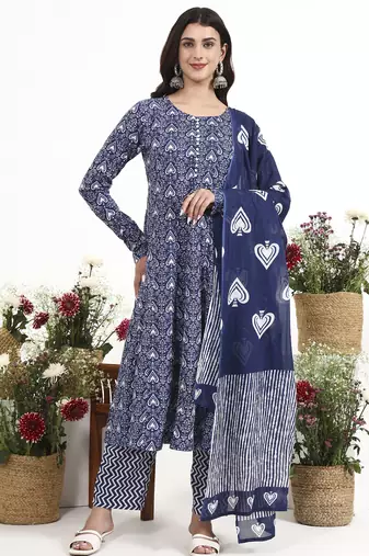 Navy blue floral printed cotton stitched anarkali kurta set with dupatta for women
