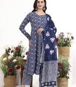 Navy blue floral printed cotton stitched anarkali kurta set with dupatta for women