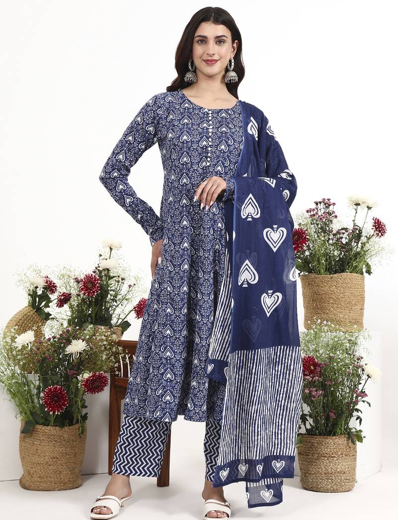 Navy blue floral printed cotton stitched anarkali kurta set with dupatta for women