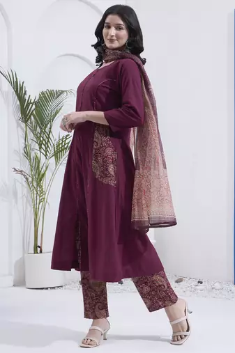 Burgundy patch work cotton stitched a-line kurta set with dupatta for women