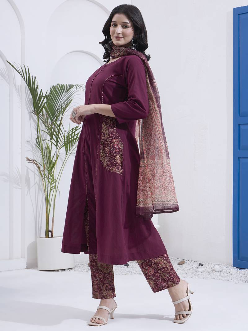 Burgundy patch work cotton stitched a-line kurta set with dupatta for women