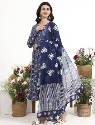 Navy blue floral printed cotton stitched anarkali kurta set with dupatta for women 2