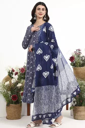 Navy blue floral printed cotton stitched anarkali kurta set with dupatta for women