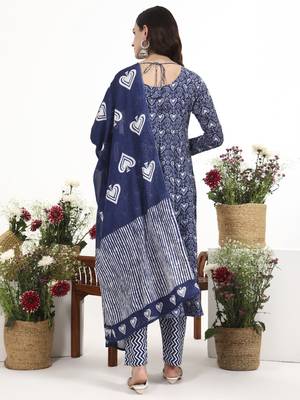 Navy blue floral printed cotton stitched anarkali kurta set with dupatta for women 3