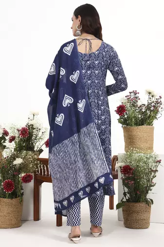 Navy blue floral printed cotton stitched anarkali kurta set with dupatta for women