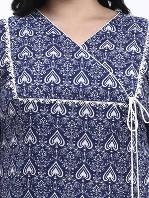 Navy blue floral printed cotton stitched straight kurta set with dupatta for women 4