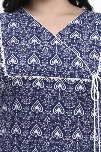 Navy blue floral printed cotton stitched straight kurta set with dupatta for women