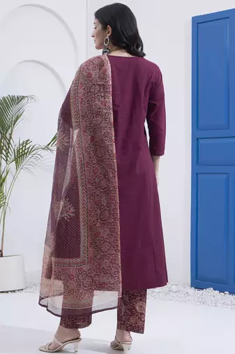 Burgundy patch work cotton stitched a-line kurta set with dupatta for women