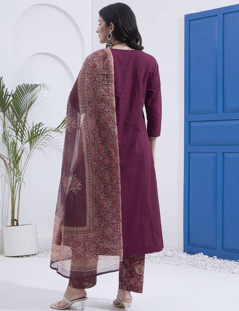 Burgundy patch work cotton stitched a-line kurta set with dupatta for women