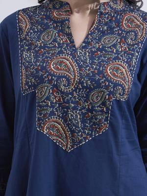 Navy blue kantha work cotton stitched a-line kurta set with dupatta for women 4