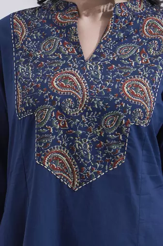 Navy blue kantha work cotton stitched a-line kurta set with dupatta for women
