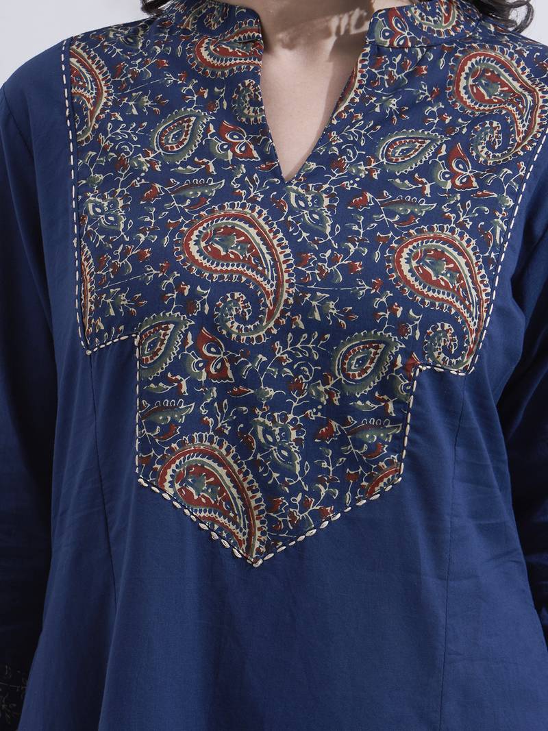 Navy blue kantha work cotton stitched a-line kurta set with dupatta for women