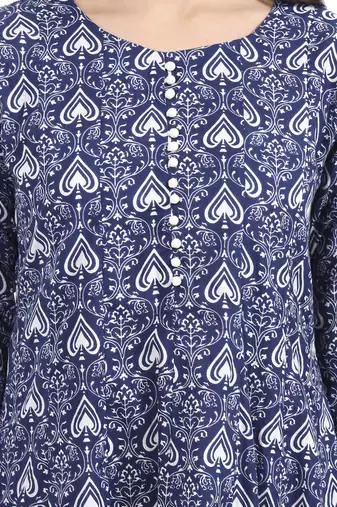 Navy blue floral printed cotton stitched anarkali kurta set with dupatta for women