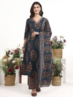 Teal floral printed cotton stitched anarkali kurta set with dupatta for women 1