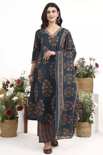 Teal floral printed cotton stitched anarkali kurta set with dupatta for women