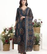Teal floral printed cotton stitched anarkali kurta set with dupatta for women