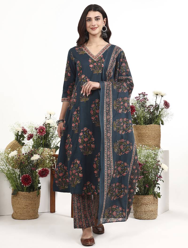 Teal floral printed cotton stitched anarkali kurta set with dupatta for women