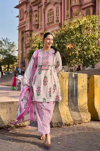 Pink floral printed cotton stitched a-line kurta set with dupatta for women