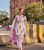 Pink floral printed cotton stitched a-line kurta set with dupatta for women