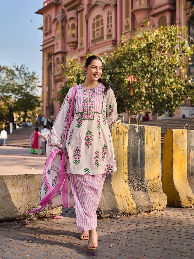 Pink floral printed cotton stitched a-line kurta set with dupatta for women