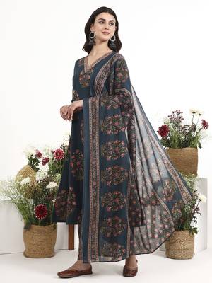 Teal floral printed cotton stitched anarkali kurta set with dupatta for women 2
