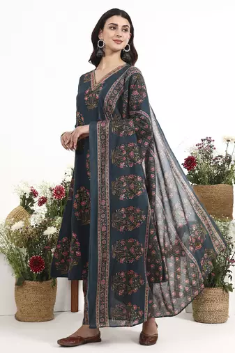 Teal floral printed cotton stitched anarkali kurta set with dupatta for women