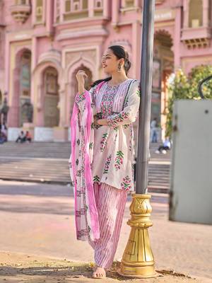 Pink floral printed cotton stitched a-line kurta set with dupatta for women 2