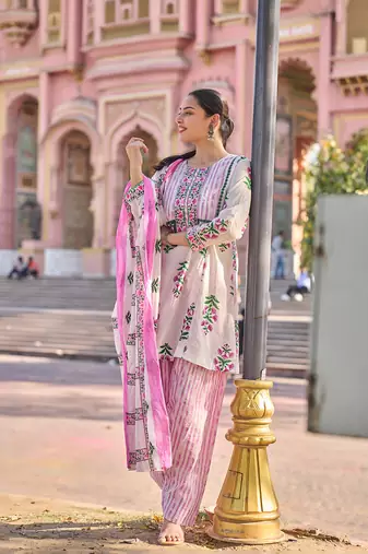 Pink floral printed cotton stitched a-line kurta set with dupatta for women