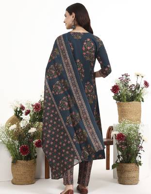 Teal floral printed cotton stitched anarkali kurta set with dupatta for women 3