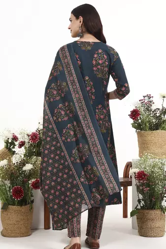 Teal floral printed cotton stitched anarkali kurta set with dupatta for women
