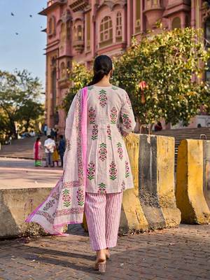 Pink floral printed cotton stitched a-line kurta set with dupatta for women 3