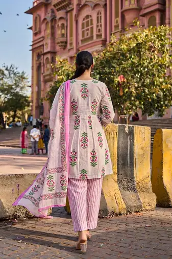 Pink floral printed cotton stitched a-line kurta set with dupatta for women