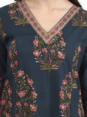 Teal floral printed cotton stitched anarkali kurta set with dupatta for women 4