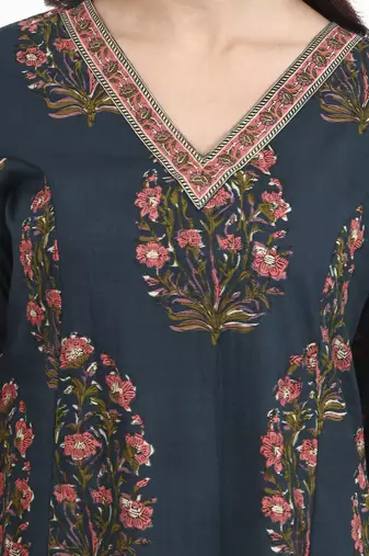Teal floral printed cotton stitched anarkali kurta set with dupatta for women
