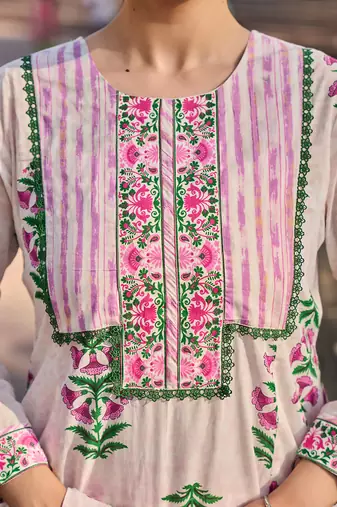 Pink floral printed cotton stitched a-line kurta set with dupatta for women