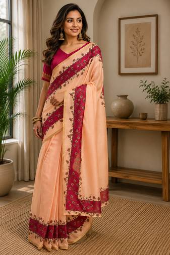 peach pink printed chanderi cotton ready to wear saree with unstitched blouse