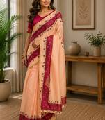 peach pink printed chanderi cotton ready to wear saree with unstitched blouse