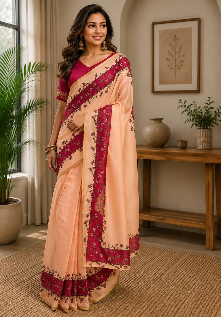 peach pink printed chanderi cotton ready to wear saree with unstitched blouse