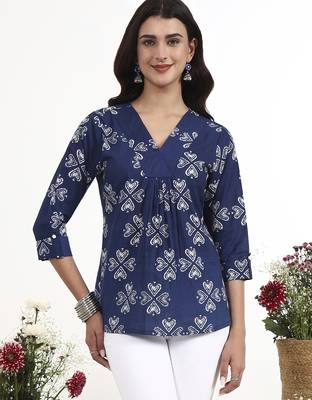Navy blue printed cotton western top for women 1