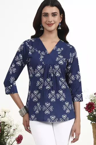 Navy blue printed cotton western top for women